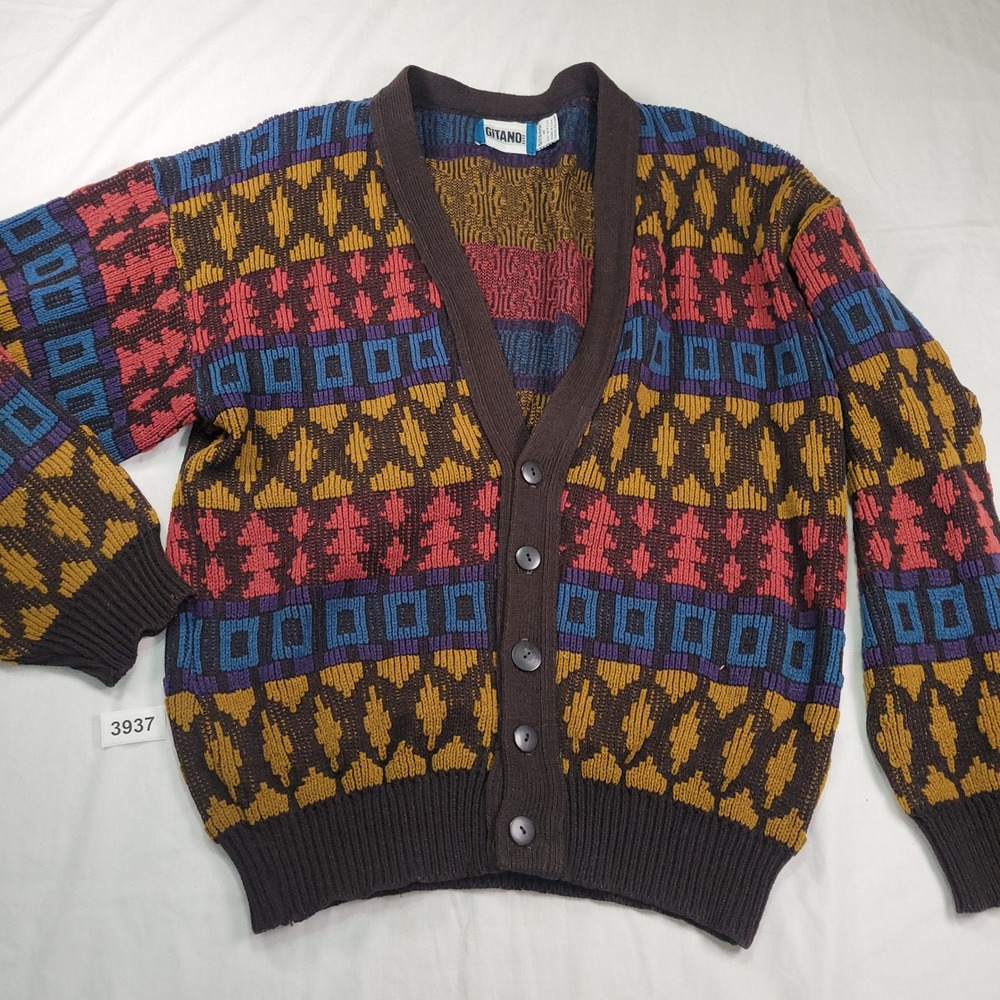 VTG GITANO Mens Geometric Pattern Button Front Cardigan Sweater Size M Grandpa